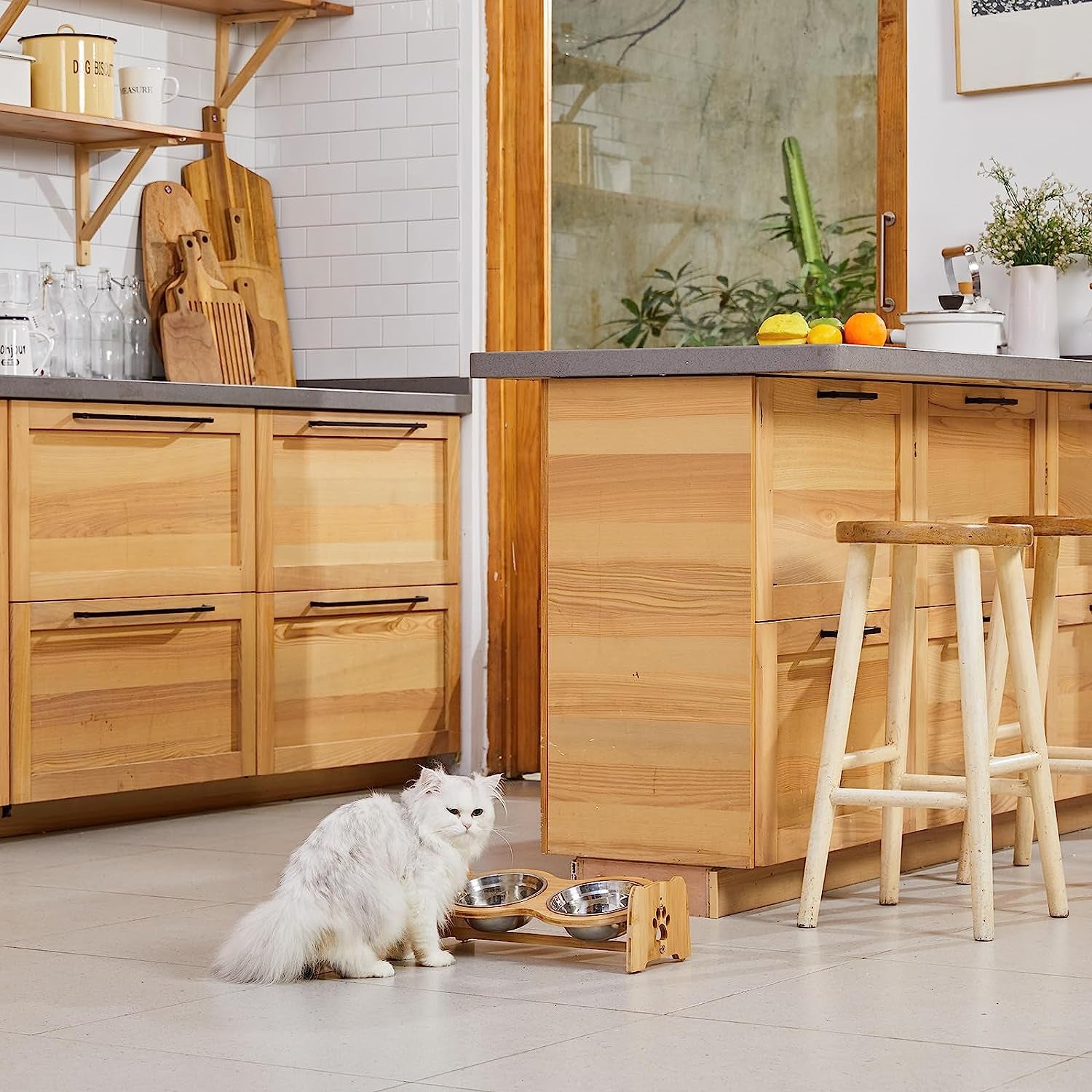 Adjustable Elevated Dog and Cat Bowls with Bamboo Stand, Stainless Steel Bowls, and Anti-Slip Feet (Height 4" to 4.5")