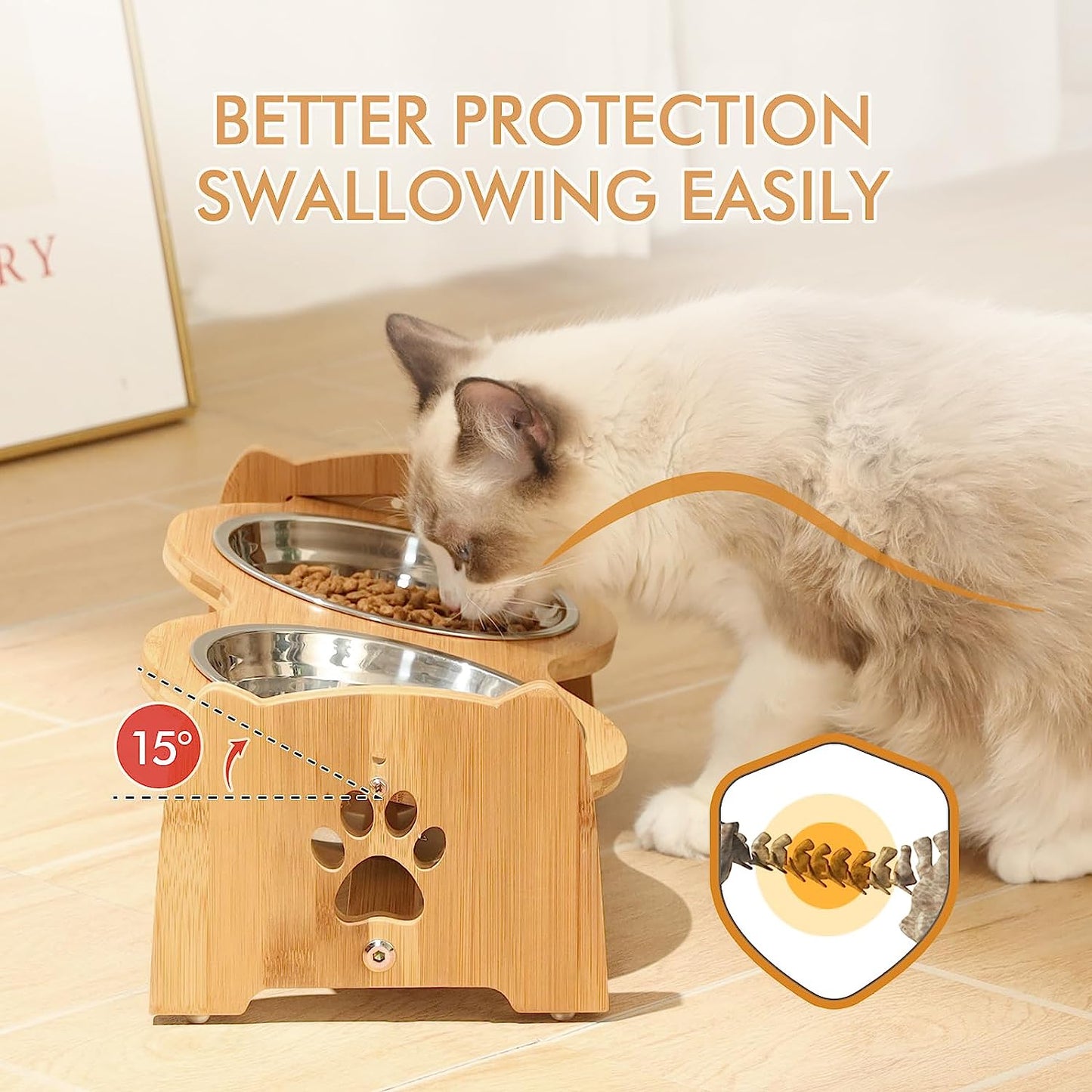 Adjustable Elevated Dog and Cat Bowls with Bamboo Stand, Stainless Steel Bowls, and Anti-Slip Feet (Height 4" to 4.5")