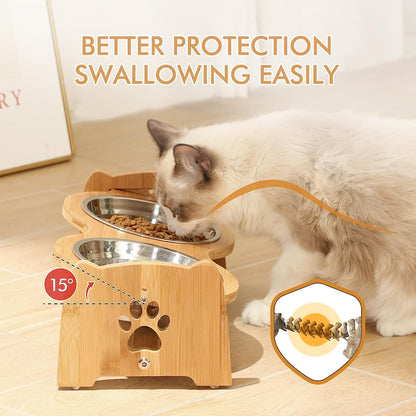 Adjustable Elevated Dog and Cat Bowls with Bamboo Stand, Stainless Steel Bowls, and Anti-Slip Feet (Height 4" to 4.5")