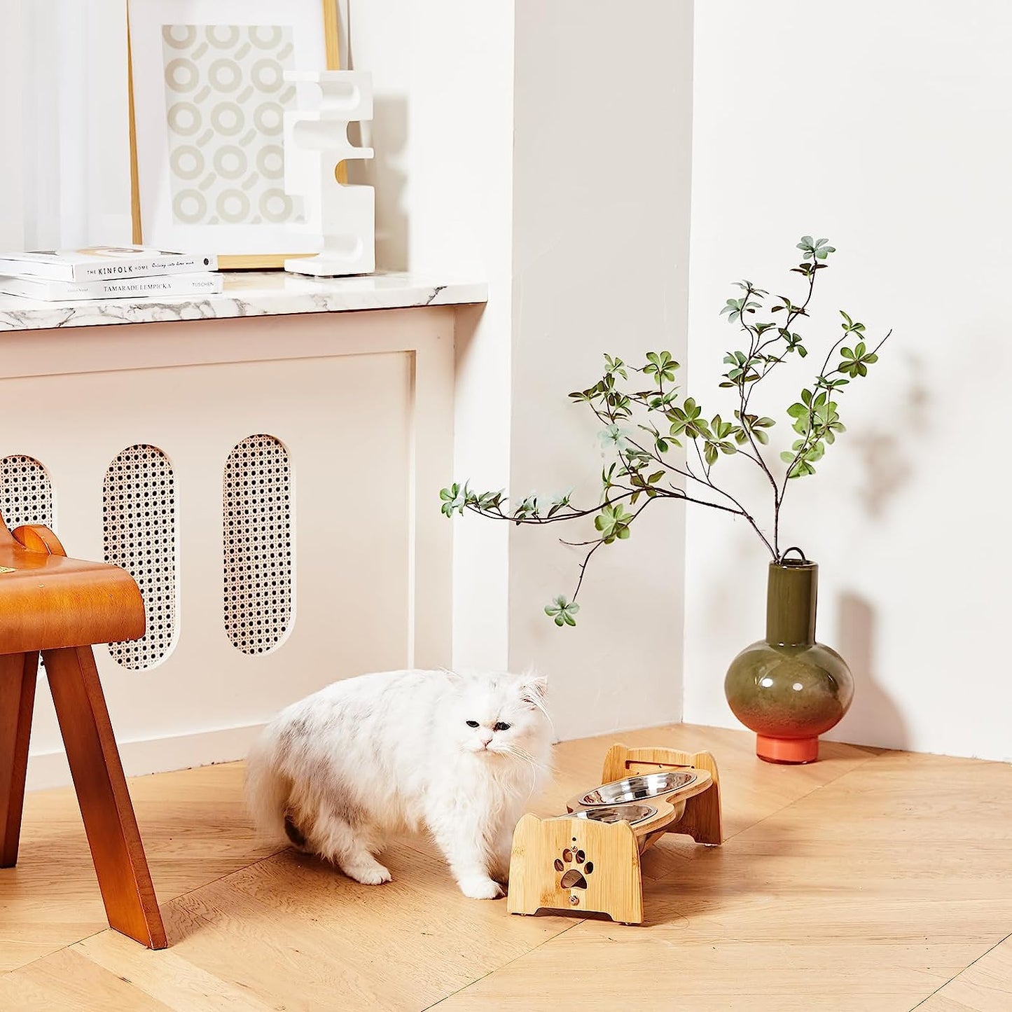 Adjustable Elevated Dog and Cat Bowls with Bamboo Stand, Stainless Steel Bowls, and Anti-Slip Feet (Height 4" to 4.5")