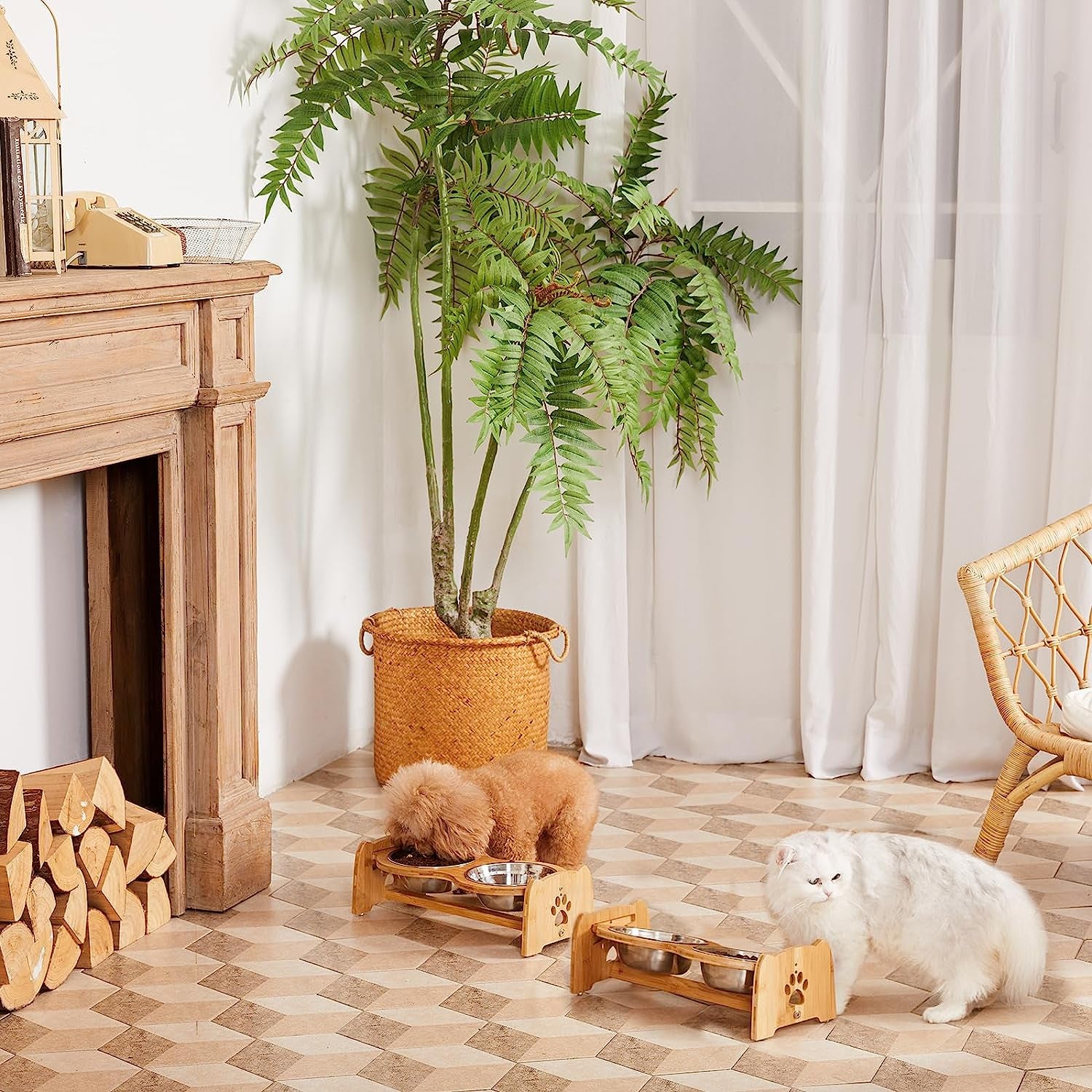 Adjustable Elevated Dog and Cat Bowls with Bamboo Stand, Stainless Steel Bowls, and Anti-Slip Feet (Height 4" to 4.5")