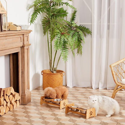 Adjustable Elevated Dog and Cat Bowls with Bamboo Stand, Stainless Steel Bowls, and Anti-Slip Feet (Height 4" to 4.5")