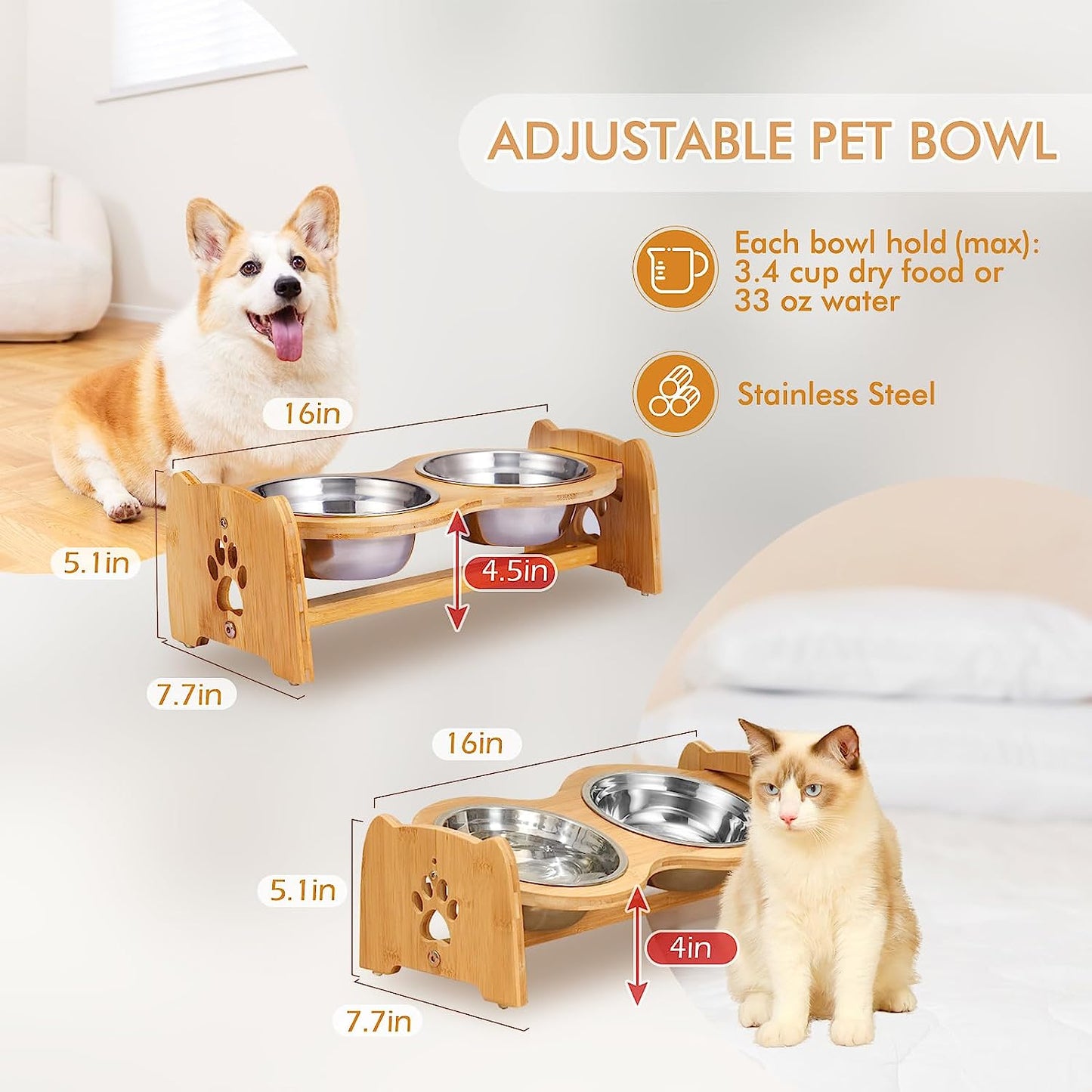 Adjustable Elevated Dog and Cat Bowls with Bamboo Stand, Stainless Steel Bowls, and Anti-Slip Feet (Height 4" to 4.5")