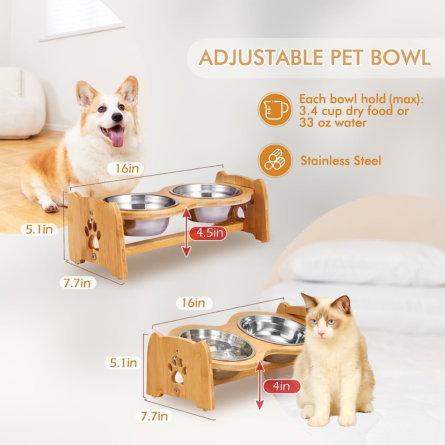 Adjustable Elevated Dog and Cat Bowls with Bamboo Stand, Stainless Steel Bowls, and Anti-Slip Feet (Height 4" to 4.5")