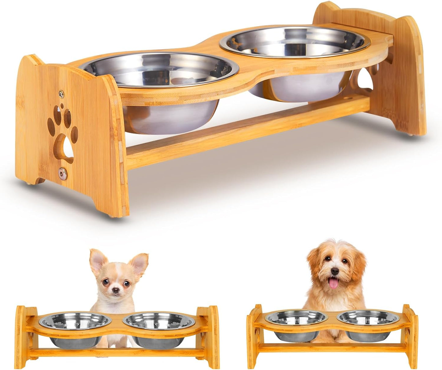 Adjustable Elevated Dog and Cat Bowls with Bamboo Stand, Stainless Steel Bowls, and Anti-Slip Feet (Height 4" to 4.5")