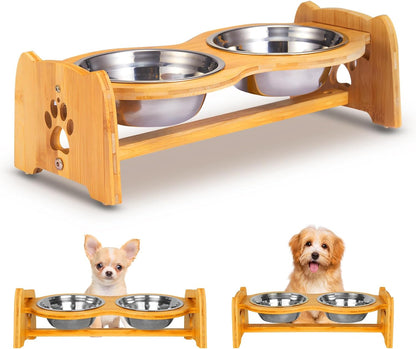 Adjustable Elevated Dog and Cat Bowls with Bamboo Stand, Stainless Steel Bowls, and Anti-Slip Feet (Height 4" to 4.5")