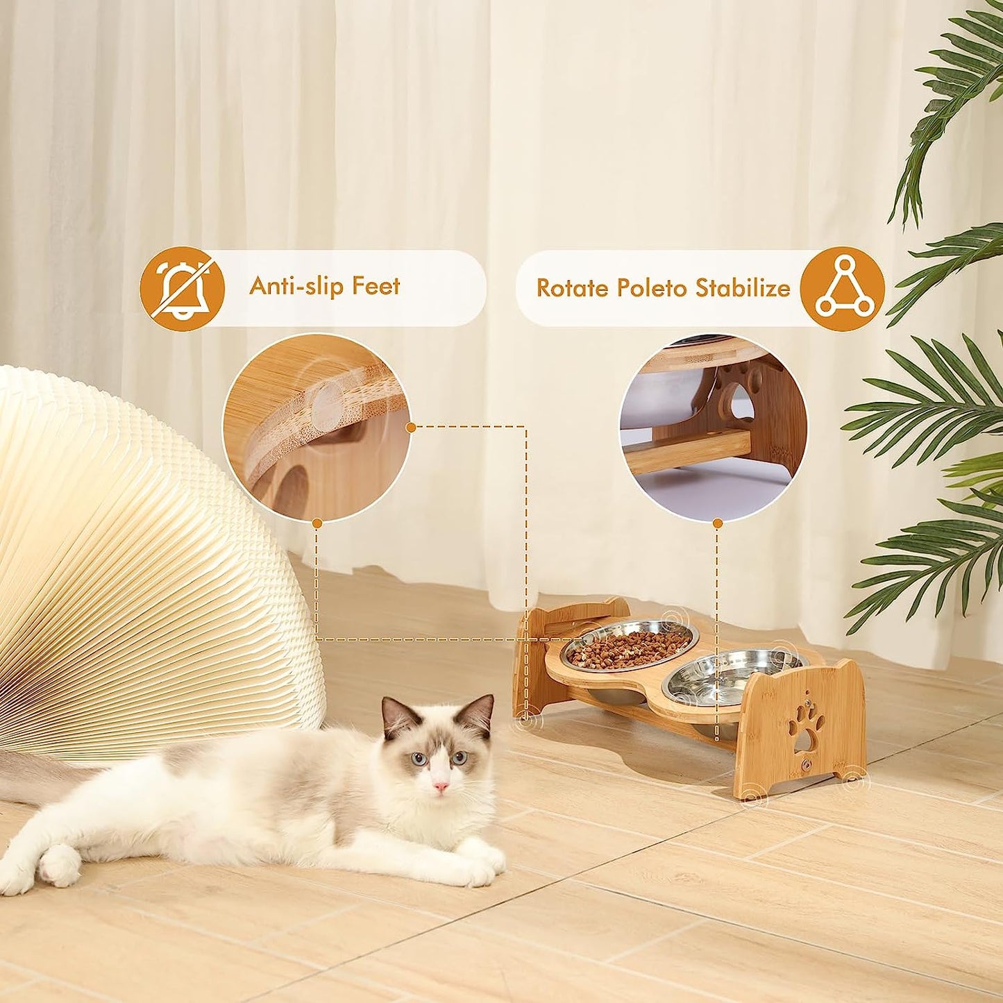 Adjustable Elevated Dog and Cat Bowls with Bamboo Stand, Stainless Steel Bowls, and Anti-Slip Feet (Height 4" to 4.5")