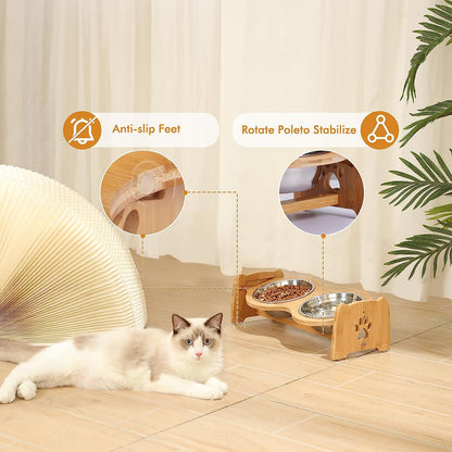 Adjustable Elevated Dog and Cat Bowls with Bamboo Stand, Stainless Steel Bowls, and Anti-Slip Feet (Height 4" to 4.5")